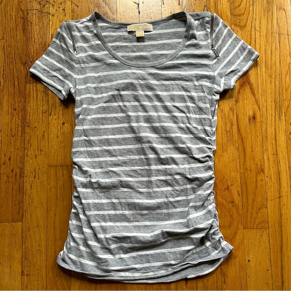 Small Michael Kors Striped Tee Shirt with Zipper Shoulders and Side Ruching